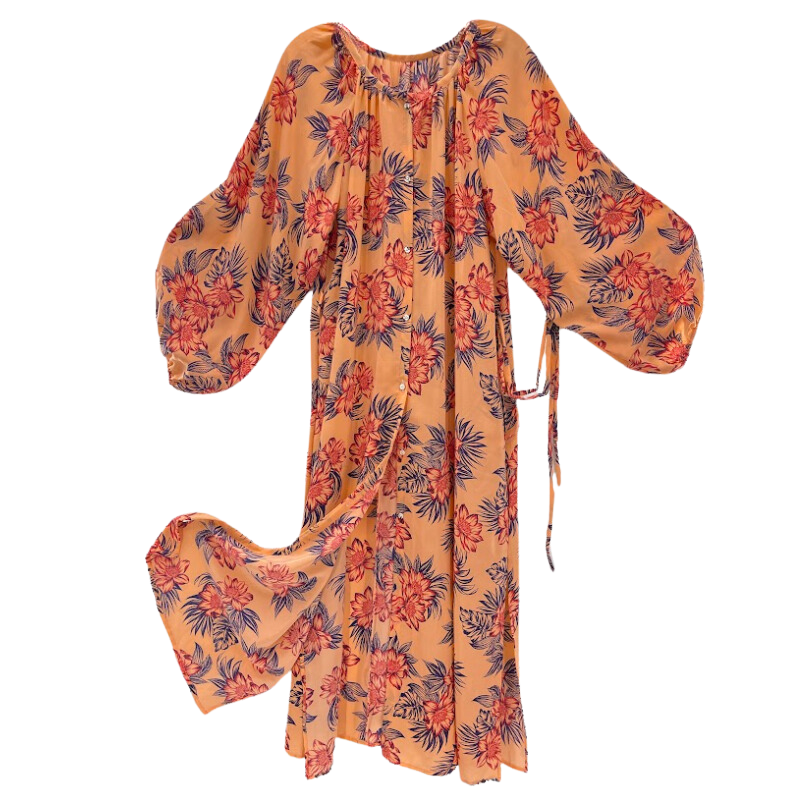 Floral Pattern Orange Silk Kimono Robe	