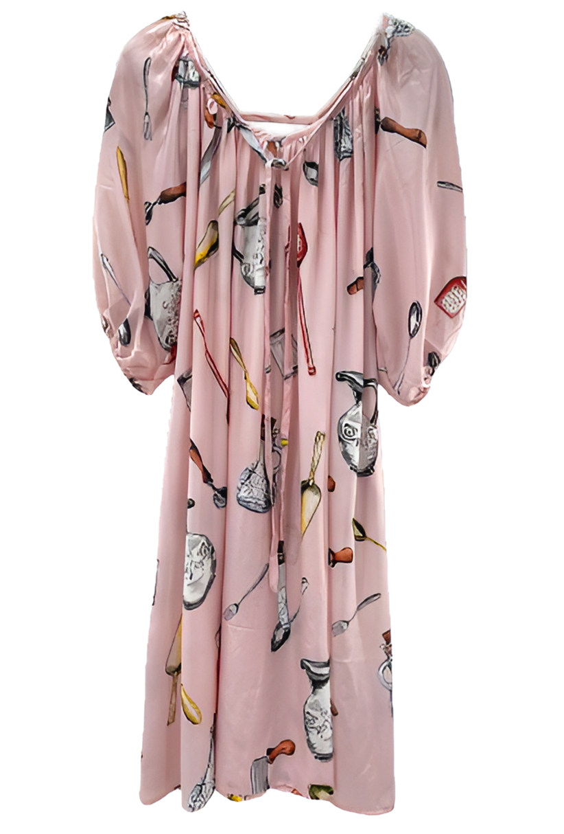 Crepe De Chine Silk Robe with Pink Print